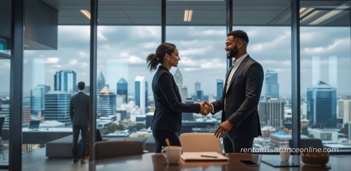 OKC ERAP Man in an office meeting with rental assistance expert in downtown Oklahoma City