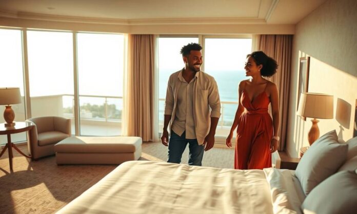 booking-hotel-voucher Couple enjoying their hotel room using hotel voucher