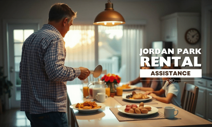 Family breakfast in rental home with Jordan Park rental assistance Man serving breakfast to family in a cozy kitchen, representing Jordan Park rental assistance and affordable housing support
