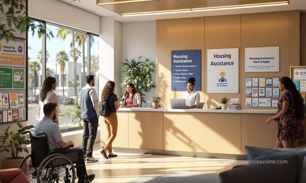 Residents speaking with housing counselor at California city rental assistance office
