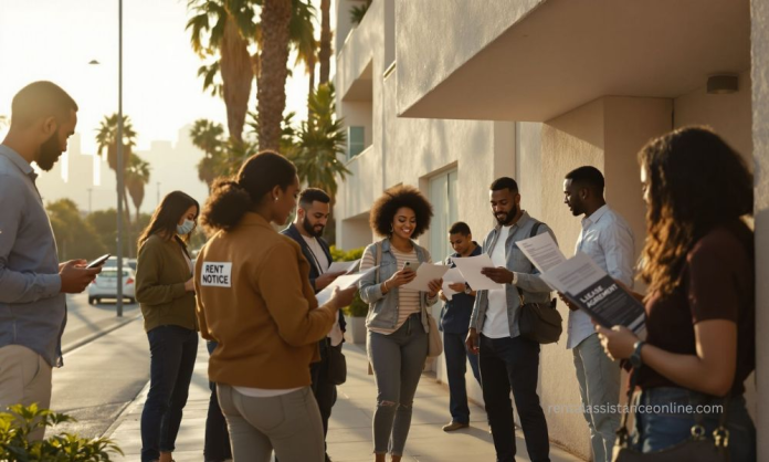 California Rental Assistance Programs in 2026 California renters reviewing rental assistance information outside an apartment building in Los Angeles
