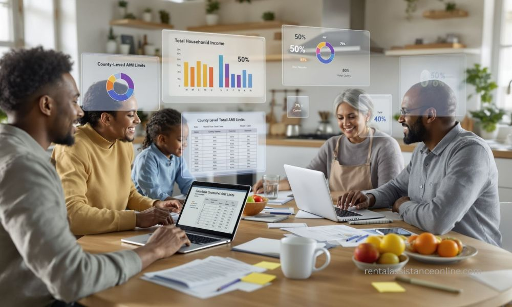 Family calculating household income and comparing to HUD AMI thresholds for Section 8 eligibility