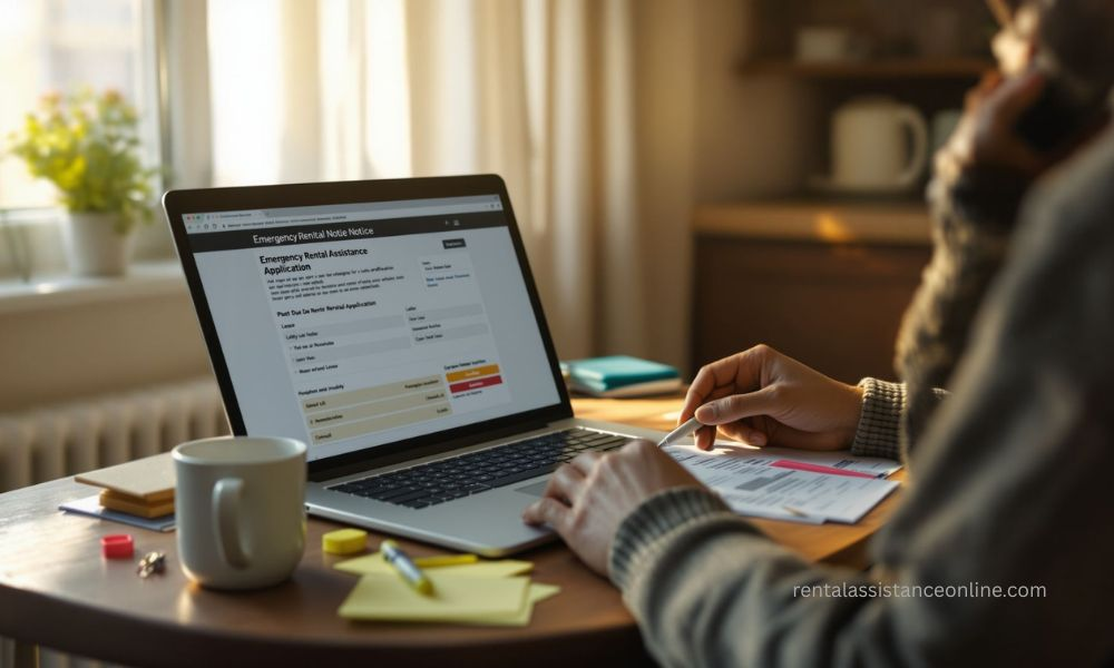 Renter applying for emergency rental assistance while reviewing overdue rent notice