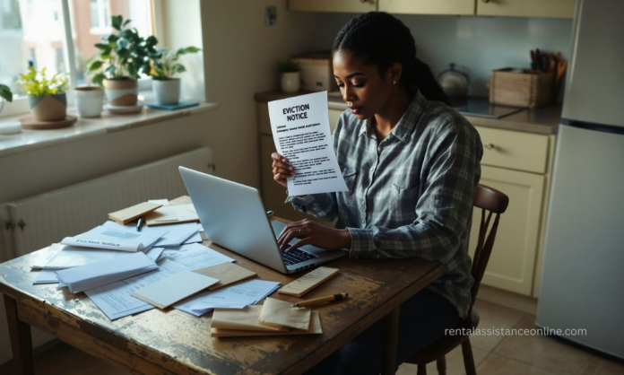Facing Eviction and Seeking Emergency Help Renter reviewing eviction notice while applying for emergency rental assistance at home