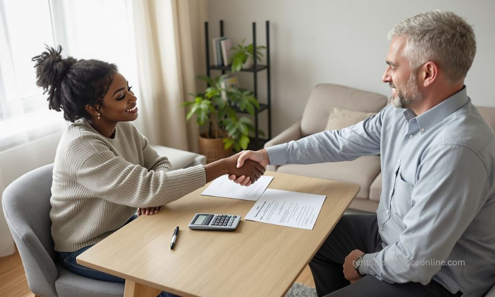 Tenant and landlord reviewing and signing rent repayment agreement to prevent eviction