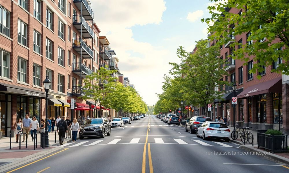 Street view of mid-sized city apartments representing moderate Section 8 wait times around 8–12 months