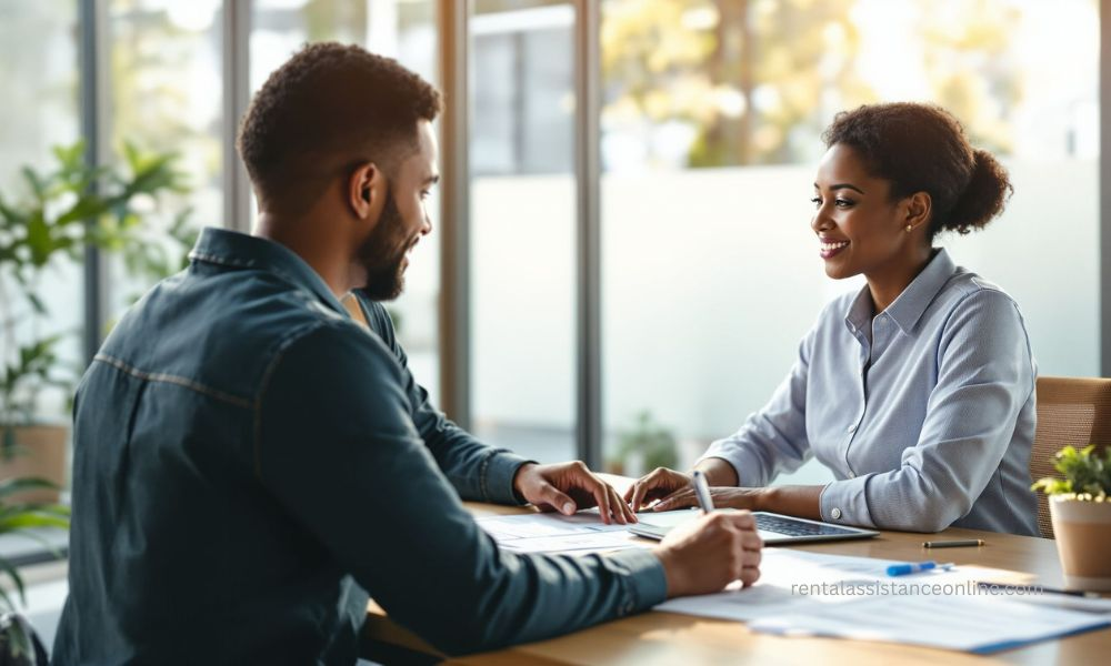 Tenant submitting rent relief documentation online with housing office staff assistance