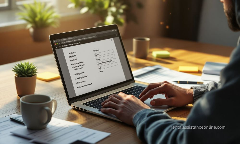 Renter completing emergency rental assistance application at home with past-due rent and utility bills