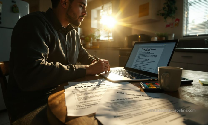Tenant Applying for Emergency Rental Assistance Renter completing ERA application at home with lease documents and past-due rent papers