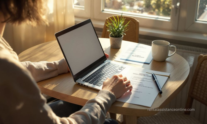 Tenant Communicating Proactively With Landlord Renter writing email to landlord explaining financial hardship at home with lease documents on table