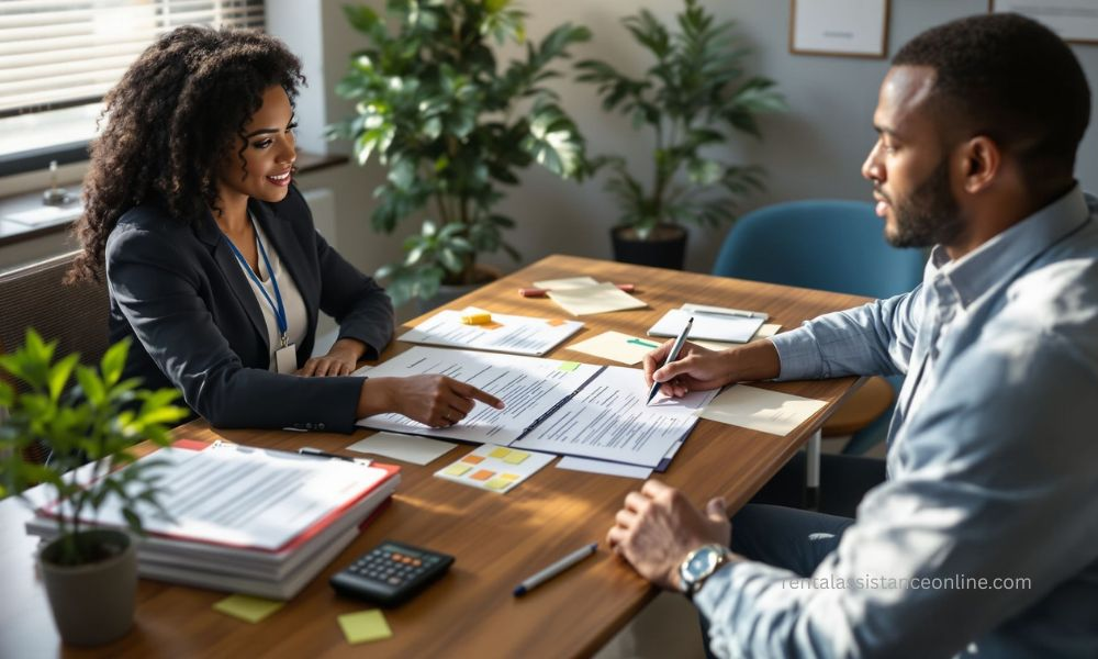 Renter meeting HUD-approved housing counselor in office reviewing documents and rental assistance options