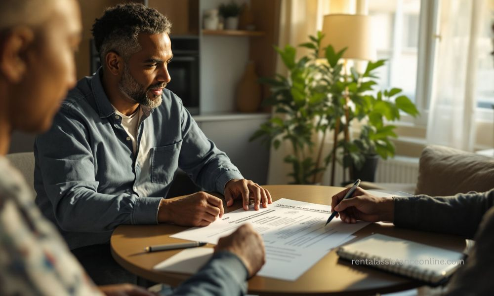 Tenant and landlord reviewing monthly housing assistance payment for rent in subsidized apartment