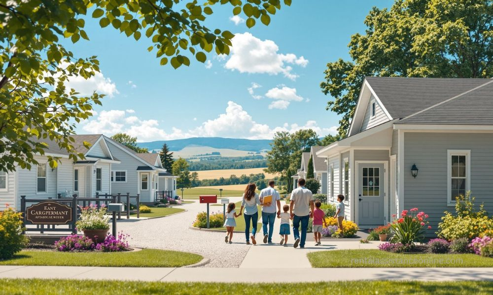 Family approaching rural apartment complex for USDA rental assistance program”