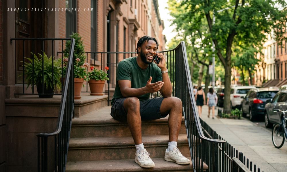 Man discussing rental assistance from his Brooklyn NY townhome stairs