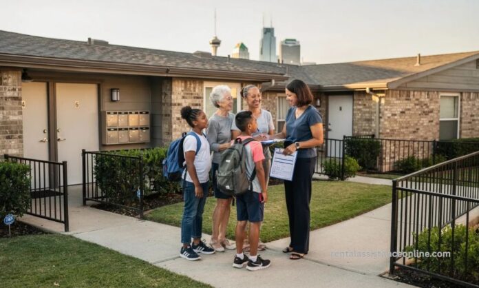 Dallas Emergency Rental Assistance Programs Dallas renters meeting with a housing assistance counselor outside an apartment complex while reviewing emergency rental assistance documents.