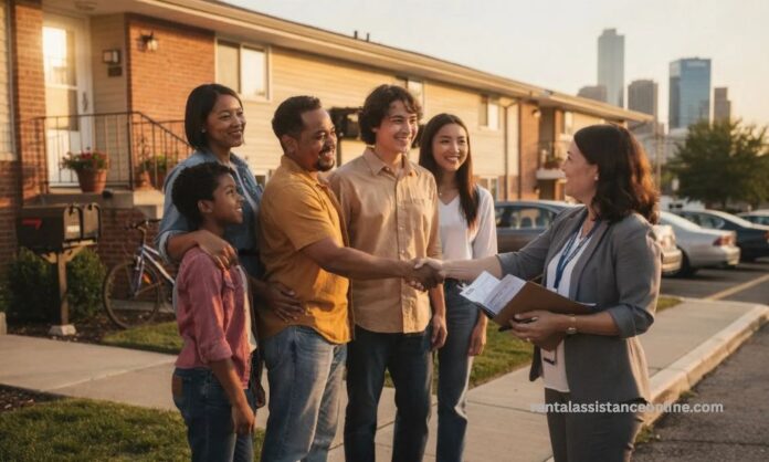 Marion County Rental Assistance Programs in Indianapolis Family meeting with a housing counselor outside an Indianapolis apartment while applying for Marion County rental assistance.